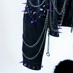 Long sleeve metal chain turnover collar zip-up o ring top