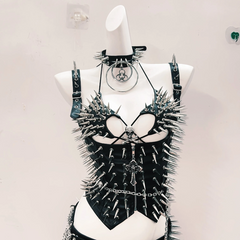 Rivet skull applique halter PU leather mini skirt set