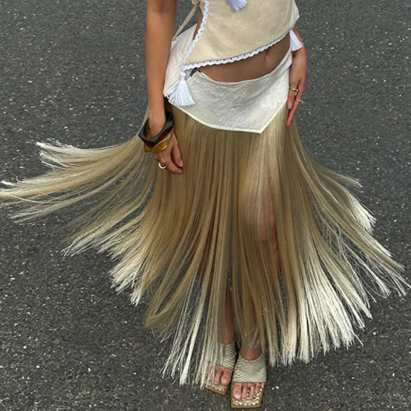 Tassels patchwork contrast midi skirt