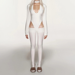 Long sleeve high neck hollow out button pant set