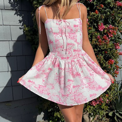 Square neck print self tie cami mini dress