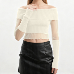 Long sleeve off shoulder ruffle mesh patchwork top