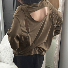 Crewneck long sleeve hollow out solid cut out top
