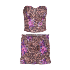 Leopard print ruched sweetheart neck tube mini skirt set-final-sale