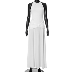 Halter backless ruched solid maxi dress