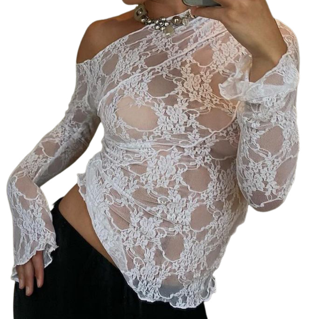 One shoulder long sleeve lace see through top