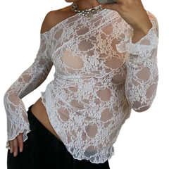 One shoulder long sleeve lace see through top
