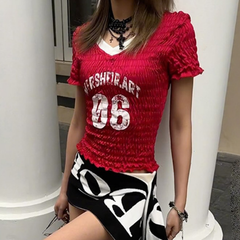 Short sleeve v neck ruched letter pattern top