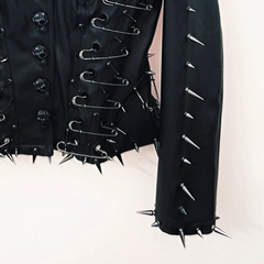 Long sleeve turnover collar PU leather skull applique top