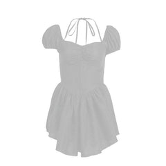 Short puff sleeve sweetheart neck ruched halter smocked mini dress