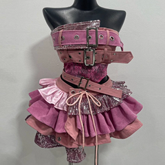 Glitter buckle patchwork ruffle mini skirt set