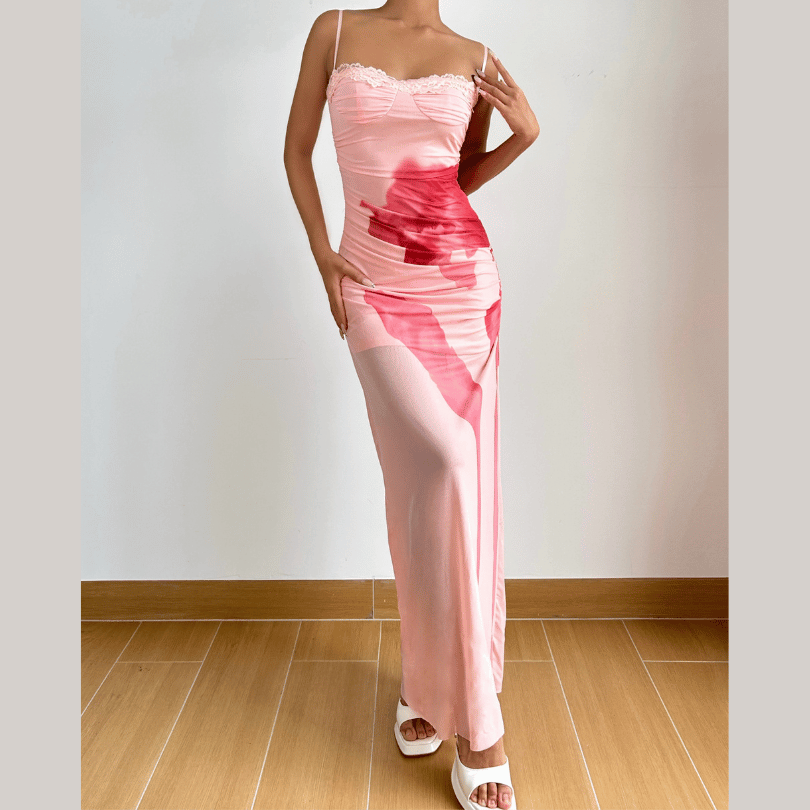 Lace hem mesh print cami maxi dress
