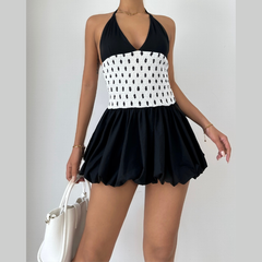 Halter polka dot v neck smocked mini dress