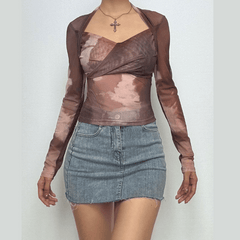 Long sleeve tie dye mesh top