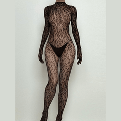 Long sleeve leopard high neck backless bodystocking