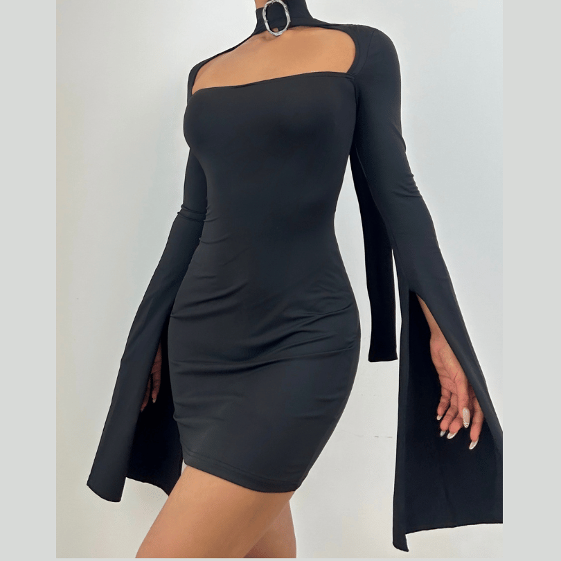 Long sleeve hollow out buckle slit cut out mini dress