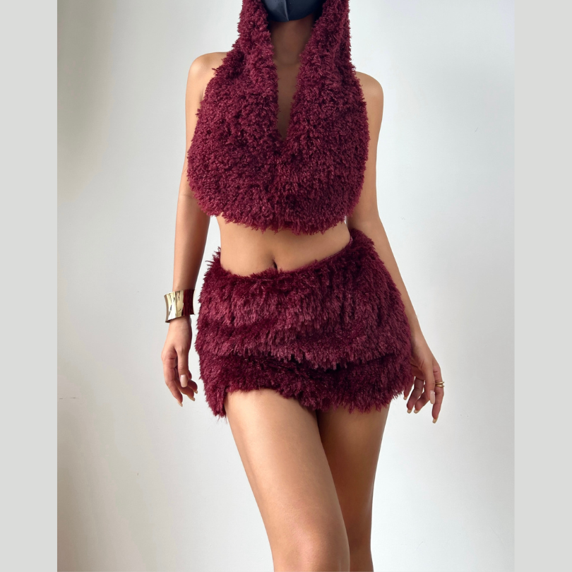 Hoodie backless self tie fluffy mini skirt set