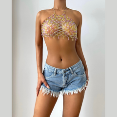 Halter hollow out crystal beaded crop cut out top