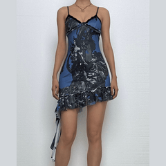 Lace hem v neck print backless cami mini dress