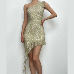 Mesh ripple contrast one shoulder irregular ruffle midi dress-final-sale
