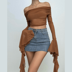 Long flared sleeve off shoulder ruffle sheer mesh backless top-final-sale