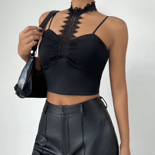 Halter lace hem solid padded cami top
