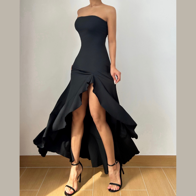 Slit ruffle irregular backless tube maxi dress