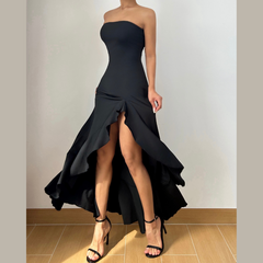 Slit ruffle irregular backless tube maxi dress