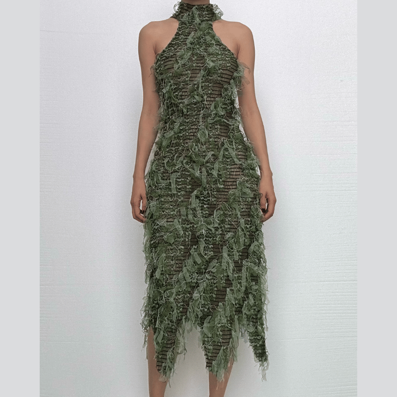 Halter high neck contrast textured backless midi dress-final-sale