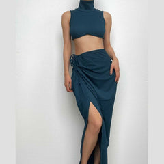 Slit textured sleeveless high neck ruched solid maxi skirt set-final-sale