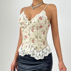 Lace hem v neck bowknot flower pattern cami top