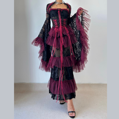 Lace long flared sleeve beaded flower applique maxi dress