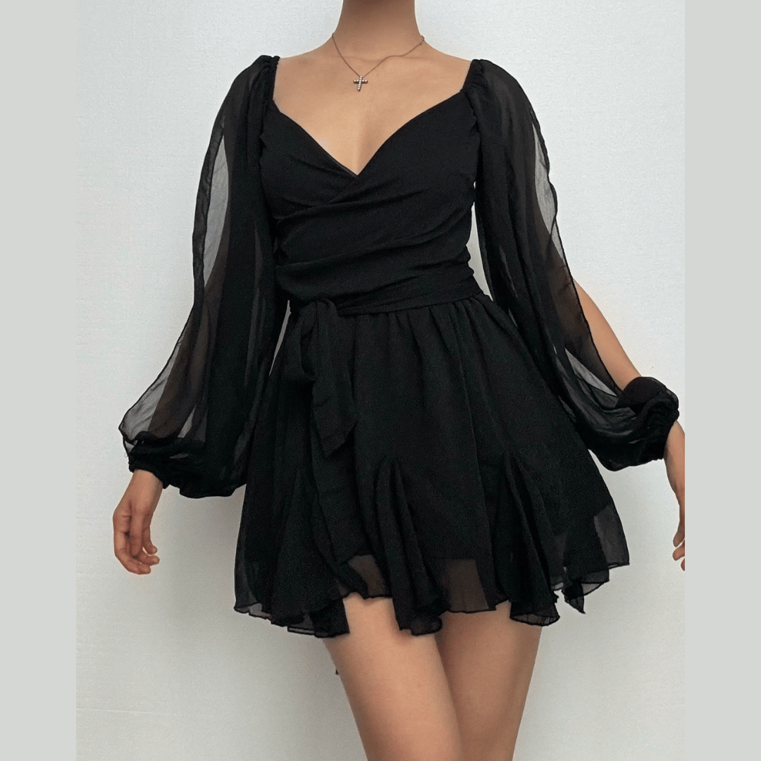 Long puff sleeve mesh print ruched mini dress-final-sale