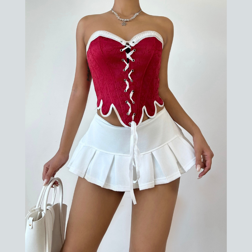 Sweetheart neck self tie zip-up corset tube top