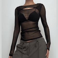 Long sleeve ruched sheer mesh solid top