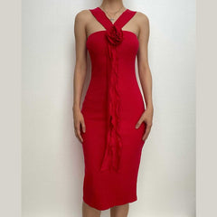 Ribbed solid slit flower applique ribbon ruffle midi dress-final-sale