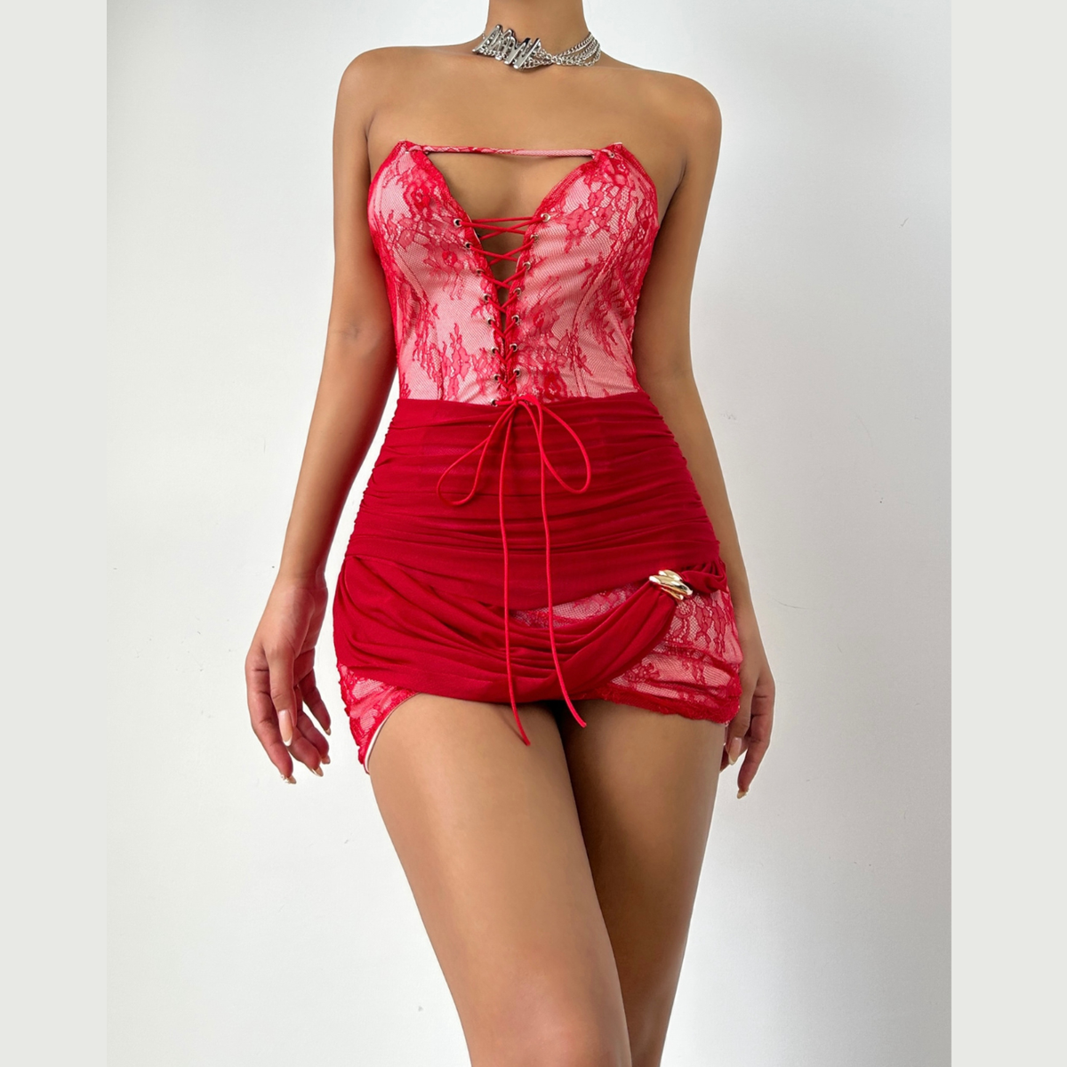 V neck lace up ruched mini dress