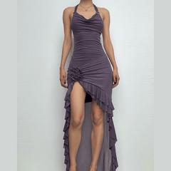 Halter cowl neck flower applique ruffle maxi dress