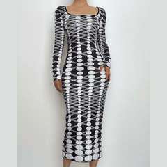 Long sleeve polka dot u neck contrast midi dress-final-sale