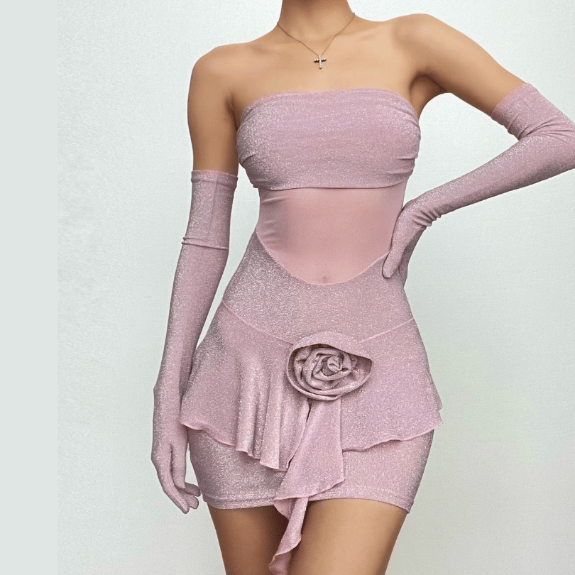 Gloves flower applique mesh patchwork ruched tube mini dress-final-sale