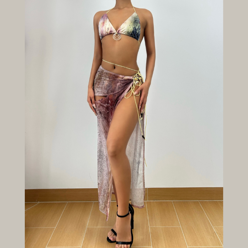 Halter contrast self tie 3 piece bikini swimwear