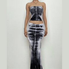 Contrast denim print slit backless tube maxi skirt set-final-sale