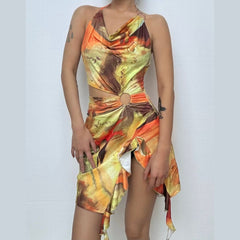 Cowl neck o ring halter self tie print mini dress