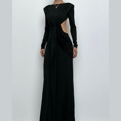 Long sleeve padded backless ruched maxi dress