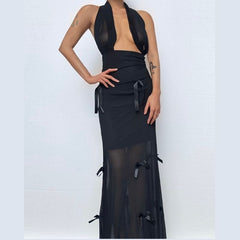 Bowknot hoodie square neck mesh 2-way maxi dress