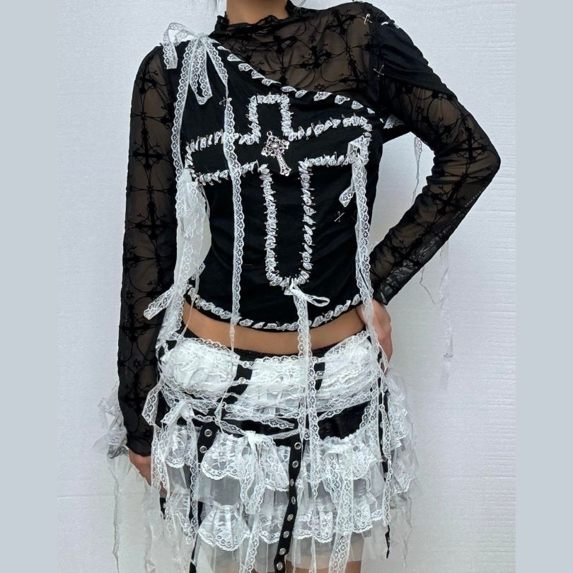 Long sleeve lace hem mesh cross pattern top