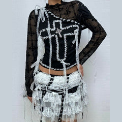 Long sleeve lace hem mesh cross pattern top