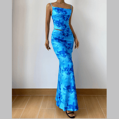 Square neck print backless cami maxi skirt set