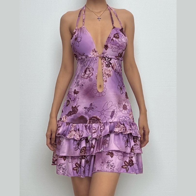 Deep v neck halter flower print ruffle mini dress