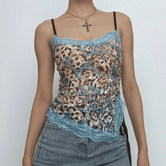 Lace leopard print irregular knotted cami top